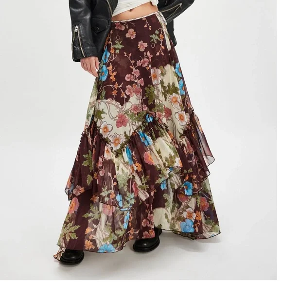 NWT Free People Palermo Villa Chiffon Maxi Skirt-Chocolate Combo - Picture 1 of 5